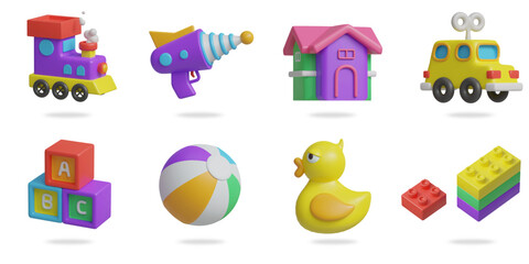 kids toys 3D vector icon set.
train toy,laser gun,house,taxi car,ABC block,inflatable ball,rubber duck,brick block toys