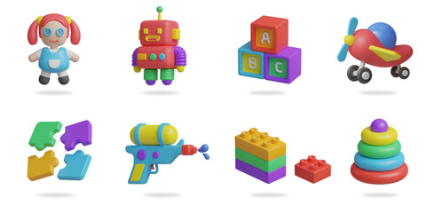 kids toys 3D vector icon set.
girl doll,robot toy,ABC block,plane toy,jigsaw,water gun,brick block toys,hoop toy
