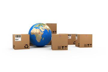 Cardboard boxes with blue globe