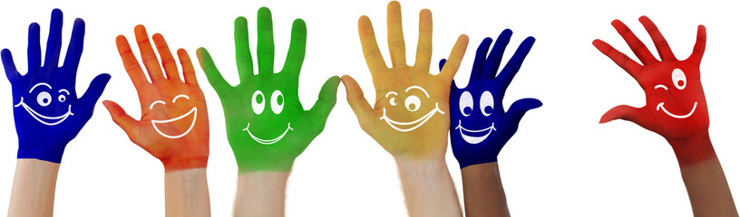 Hands with colourful smiley faces