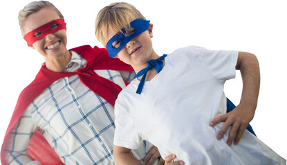 Mother and son pretending to be superhero