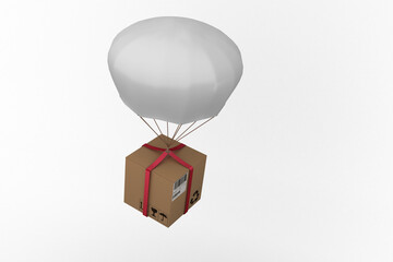 3D composite image of parachute carrying cardboard box