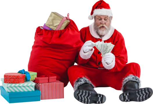 Santa Claus sitting next to gifts counting currency notes