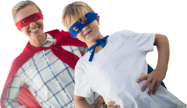 Mother and son pretending to be superhero