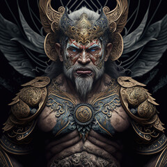  indonesian, ancient, god, artistic, muscular, aesthetic, blue, red, gold, brown, ornaments, aura, javanese, hindu, politheism, ai generative