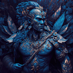  indonesian, ancient, god, artistic, muscular, aesthetic, blue, red, gold, brown, ornaments, aura, javanese, hindu, politheism, ai generative