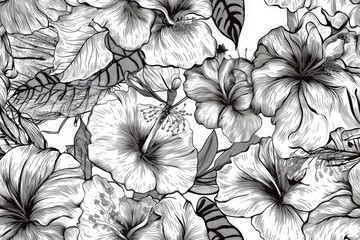 black and white blooming flowers in a simple drawing style. Generative AI