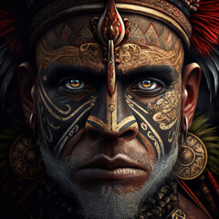  indonesian, ancient, god, artistic, muscular, aesthetic, blue, red, gold, brown, ornaments, aura, papuan, papua, asmat, ai generative