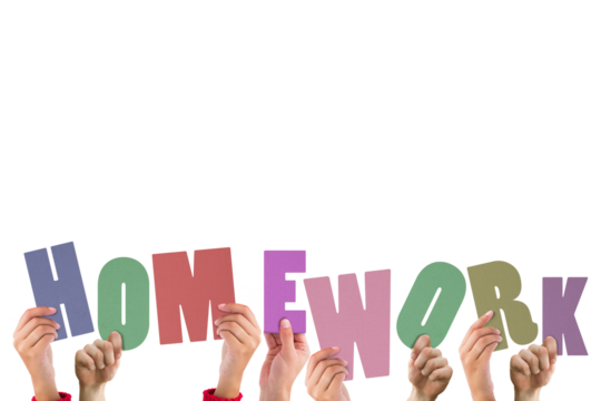 Cropped hands holding colorful word homework  - Powered by Adobe