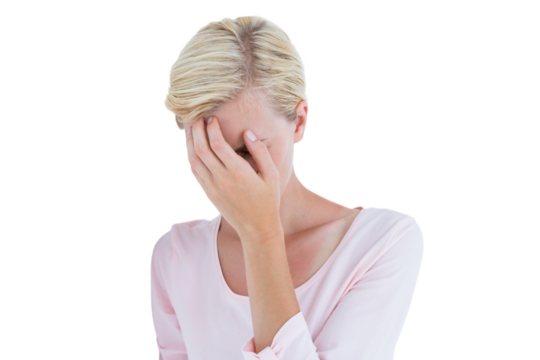 Nervous woman covering her face