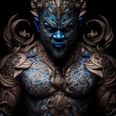  indonesian, ancient, god, artistic, muscular, aesthetic, blue, red, gold, brown, ornaments, aura, javanese, hindu, politheism, ai generative