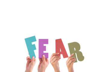 Cropped hands holding colorful word fear