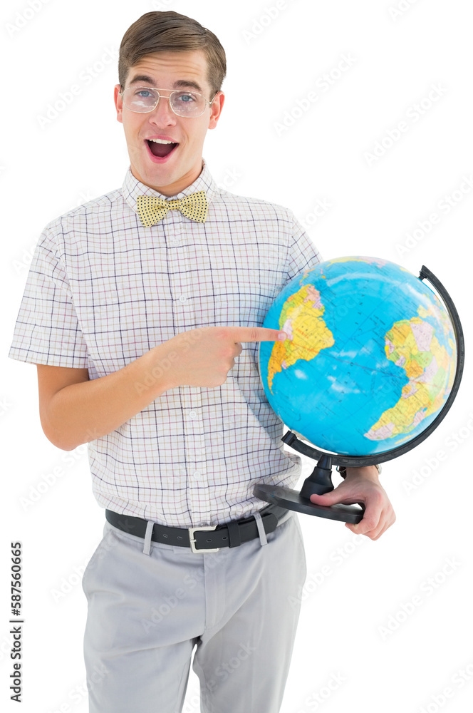 Poster geeky hipster holding a globe smiling at camera