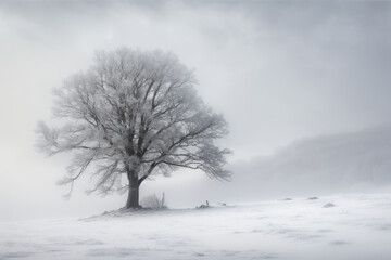 a tree in the middle of a field covered in snow, with an overcast sky and clouds behind it. Generative AI