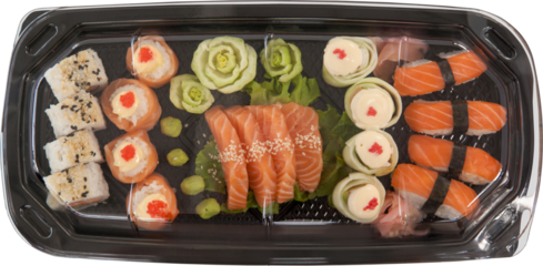 High angle view of packed japanese food