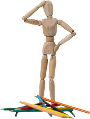 Confused wooden 3d figurine standing near heap of color pencils