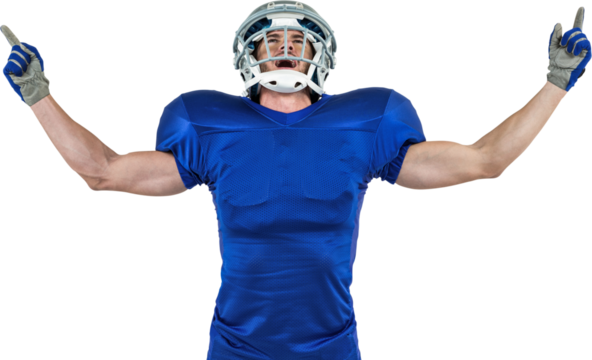 Happy American football player with arms outstretched - Powered by Adobe