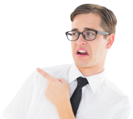 Geeky young hipster pointing with disgust