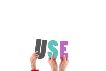 Colorful alphabet spelling use held up by people 