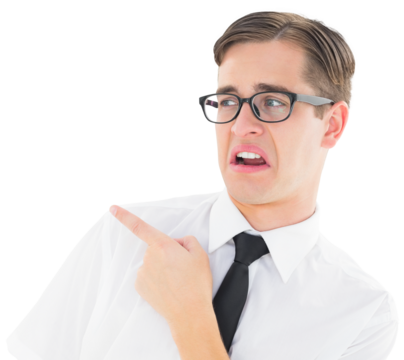 Geeky young hipster pointing with disgust