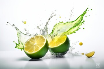 green lemon falling in water, water splash on white background