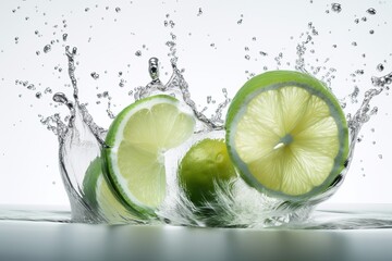 green lemon falling in water, water splash on white background