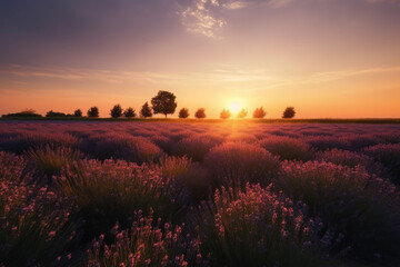 Lavender field sunset and lines. Beautiful lavender blooming scented flowers, generative AI