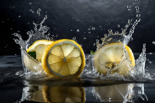 Lemon falling in the water, water splash on black background