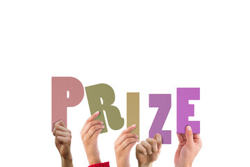 Cropped hands holding colorful word prize 