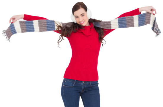 Cheerful brunette holding scarf and spread her arms - Powered by Adobe