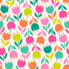 Colorful cute hand drawn tulip seamless pattern background.