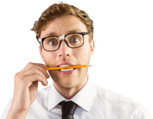 Geeky businessman biting a pencil
