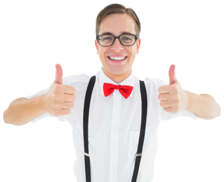 Geeky young hipster showing thumbs up