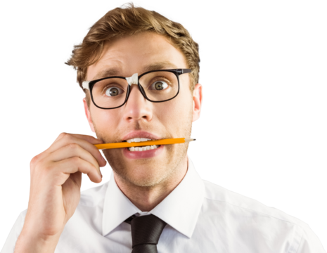 Geeky businessman biting a pencil - Powered by Adobe