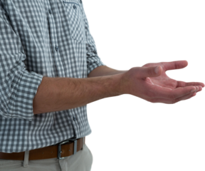 Man with cupped hands against white background