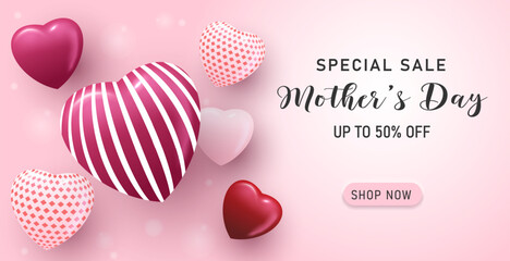 Happy Mother's Day banner template with pink color and minimalist heart design, mother's day special sale illustration.