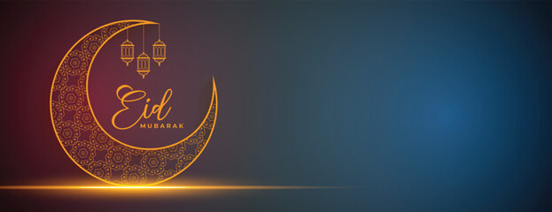 shiny eid ul fitr traditional banner with golden moon design - obrazy, fototapety, plakaty
