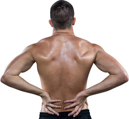 Rear view of shirtless athlete with back pain