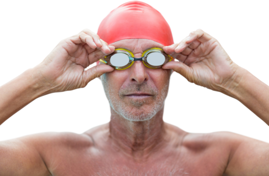 Close up of senior man holding swimming goggles