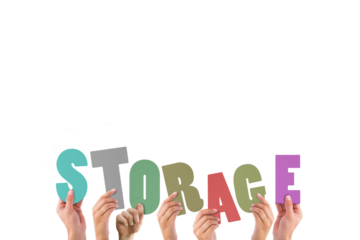 Colorful alphabet spelling storage held up by people 