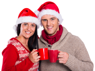 Young festive couple holding mugs