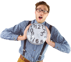 Geeky businessman holding a clock