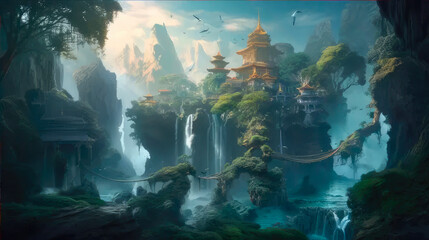 Fantasy landscape with mythical creatures