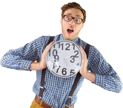 Geeky businessman holding a clock