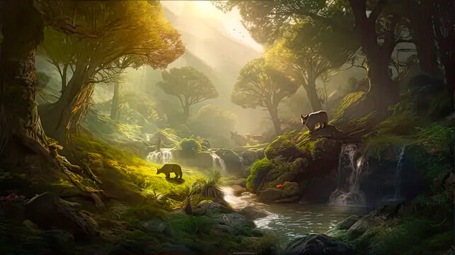 Fantasy landscape with dreamlike mythical creatures