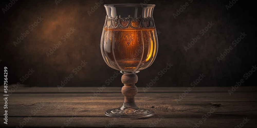 Aufkleber shot from the edge of a cup with beer and resting on a wooden table generative ai