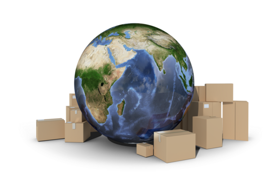 Globe amidst cardboard over white background - Powered by Adobe