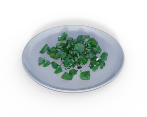 3D illustration of a plate containing green crystalline solids.