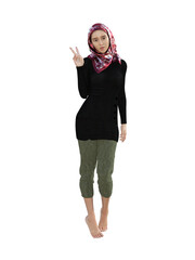 3D illustration of a young female standing. She is wearing a head scarf, a dark long sleeve shirt, and dark green trousers.  She holds up two fingers showing a peace sign.