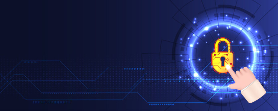 Cartoon Hand Points To The Safety And Security Circuit Padlock On The Technology Background. Network Protection Concept. Cybersecurity Digital Protection System Innovation Concept.